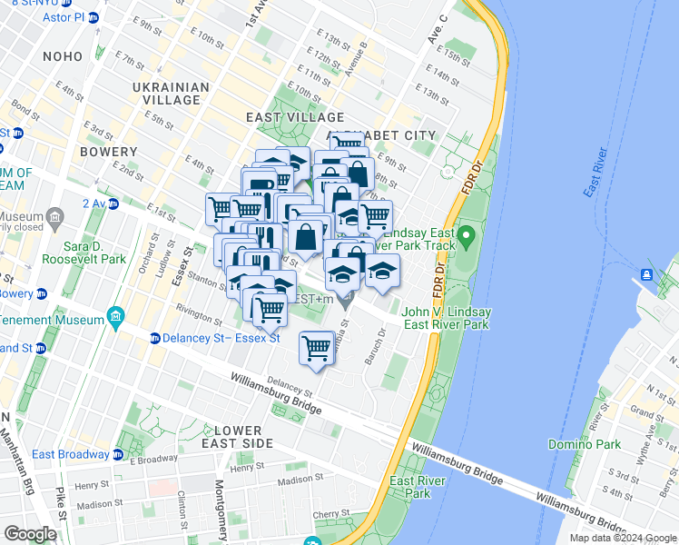 map of restaurants, bars, coffee shops, grocery stores, and more near 274 East 2nd Street in New York