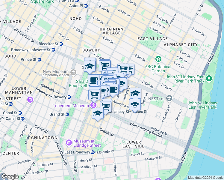 map of restaurants, bars, coffee shops, grocery stores, and more near 115 Stanton Street in New York