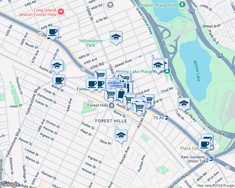 map of restaurants, bars, coffee shops, grocery stores, and more near 107-23 71st Road in Queens
