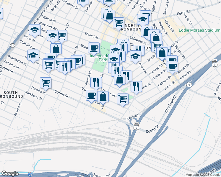 map of restaurants, bars, coffee shops, grocery stores, and more near 383 Chestnut Street in Newark