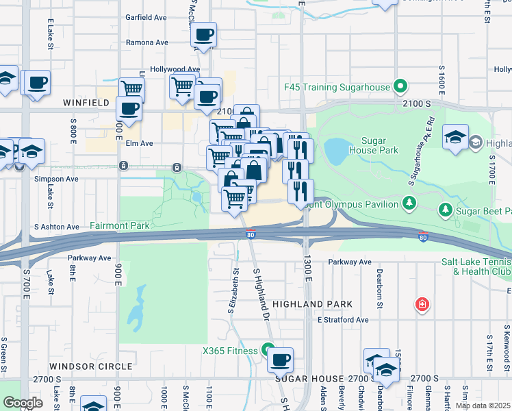 map of restaurants, bars, coffee shops, grocery stores, and more near 1240 East Stringham Avenue in Salt Lake City