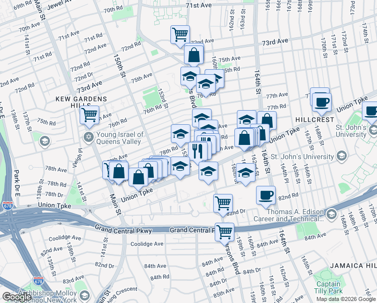 map of restaurants, bars, coffee shops, grocery stores, and more near 79-08 154th Street in Queens