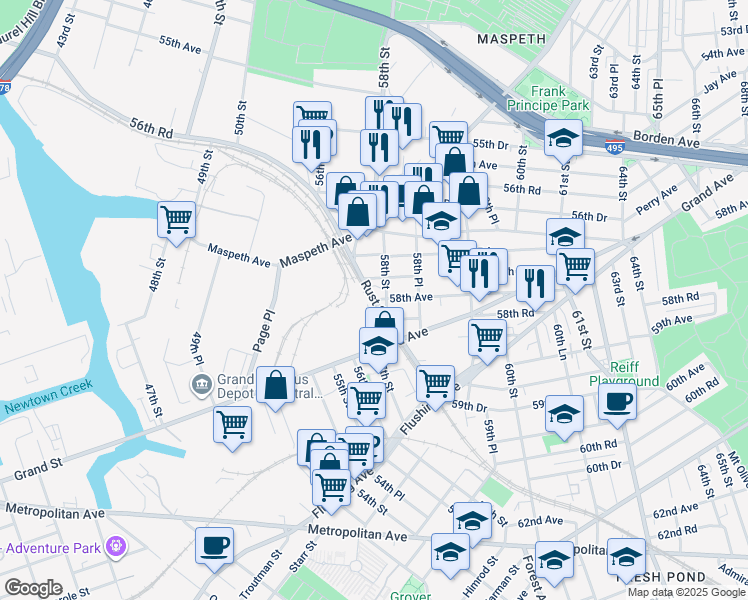 map of restaurants, bars, coffee shops, grocery stores, and more near Rust Street in Queens