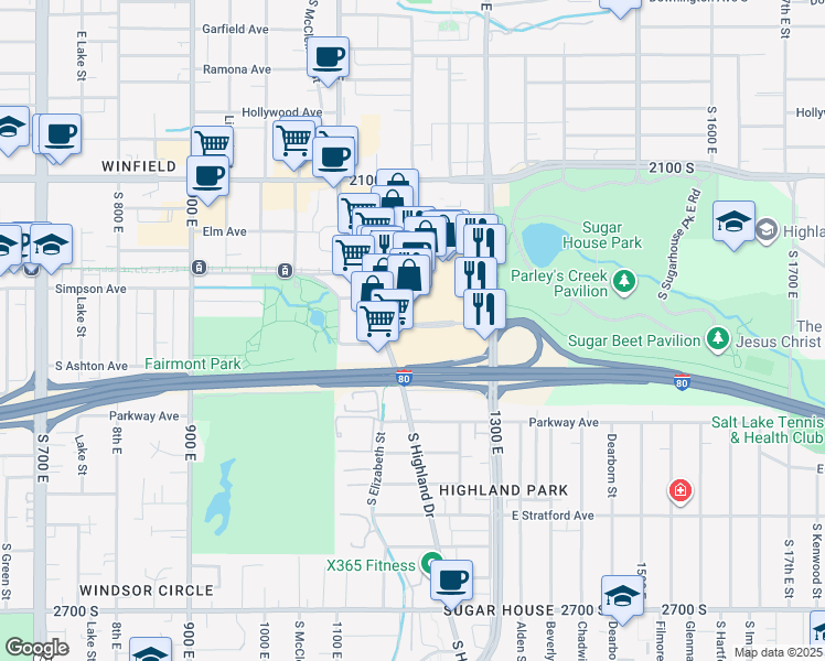 map of restaurants, bars, coffee shops, grocery stores, and more near 2290 1300 East in Salt Lake City
