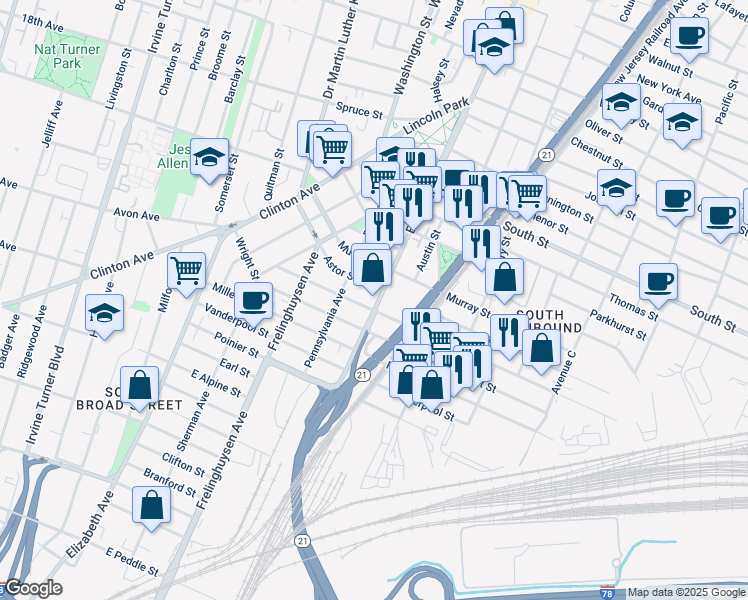 map of restaurants, bars, coffee shops, grocery stores, and more near in Newark