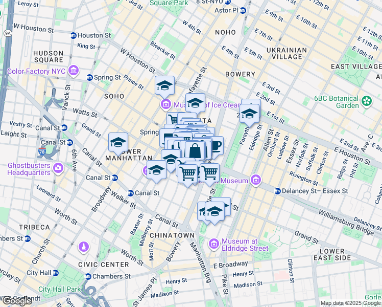 map of restaurants, bars, coffee shops, grocery stores, and more near 146 Elizabeth Street in New York