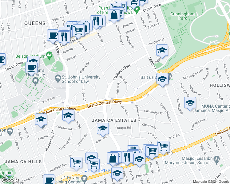 map of restaurants, bars, coffee shops, grocery stores, and more near 182-31 Radnor Road in Queens