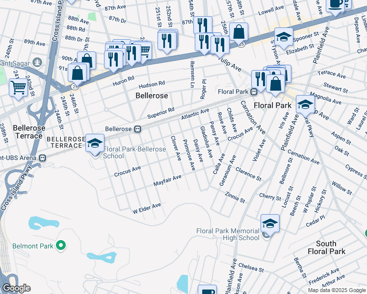 map of restaurants, bars, coffee shops, grocery stores, and more near 37 Clover Avenue in Floral Park