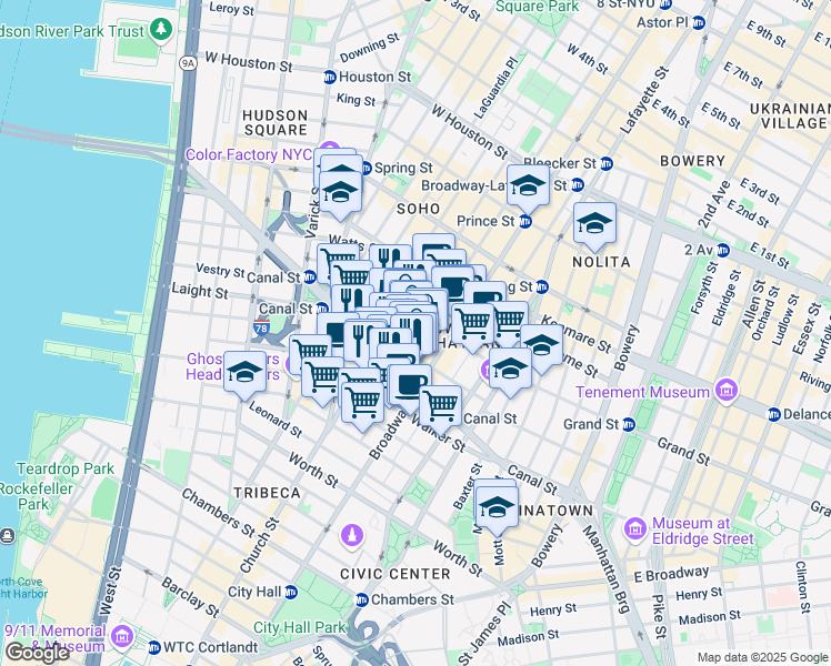 map of restaurants, bars, coffee shops, grocery stores, and more near 7 Mercer Street in New York