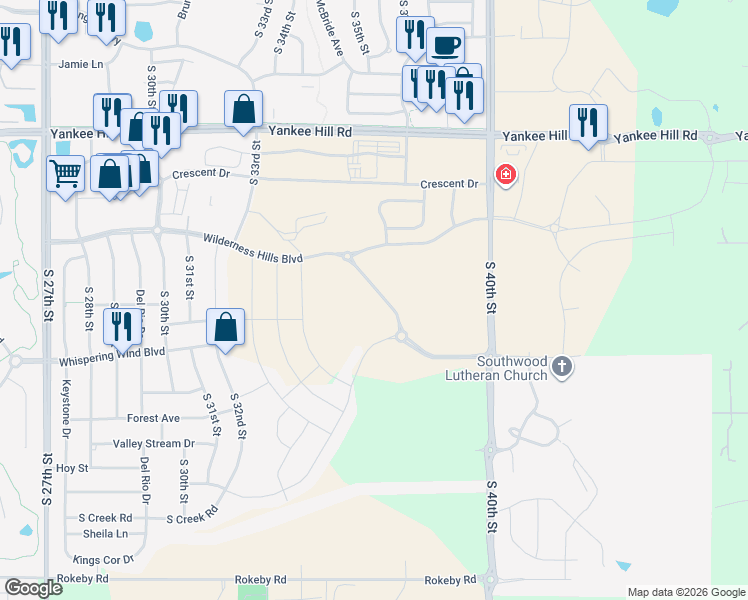 map of restaurants, bars, coffee shops, grocery stores, and more near 9025 South 40th Street in Lincoln