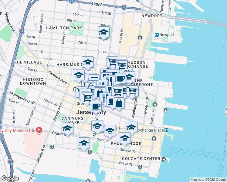 map of restaurants, bars, coffee shops, grocery stores, and more near 133 Morgan Street in Jersey City