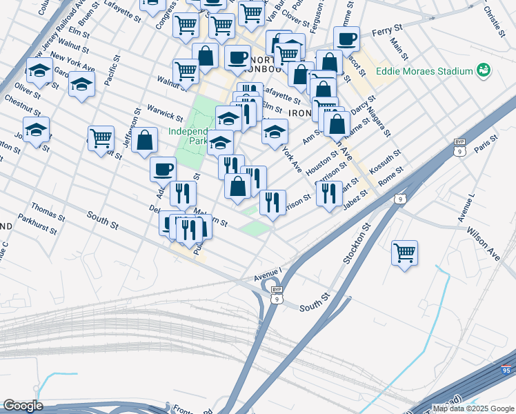 map of restaurants, bars, coffee shops, grocery stores, and more near 9 Hennessey Street in Newark