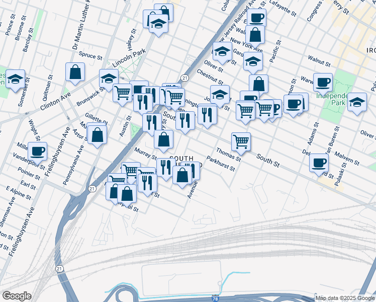 map of restaurants, bars, coffee shops, grocery stores, and more near 185 Parkhurst Street in Newark