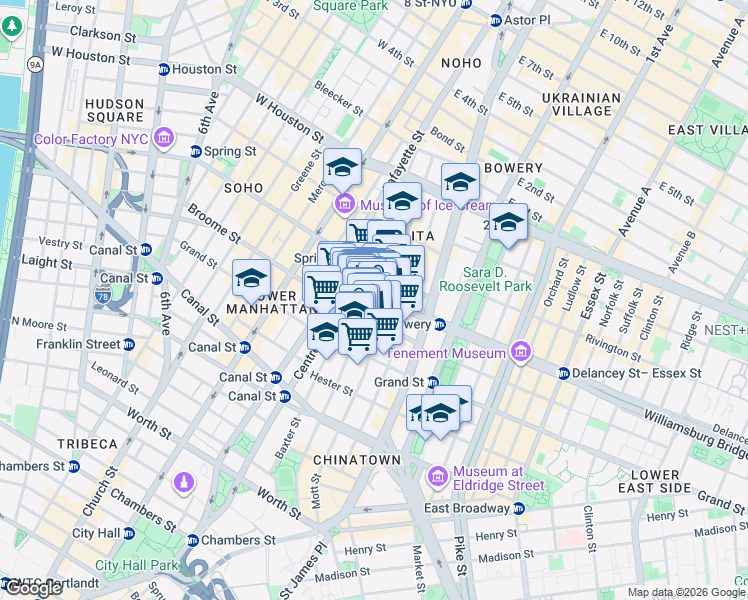 map of restaurants, bars, coffee shops, grocery stores, and more near 70 Kenmare Street in New York