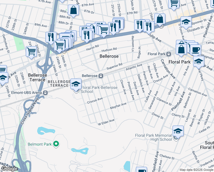 map of restaurants, bars, coffee shops, grocery stores, and more near 24 Walnut Avenue in Floral Park