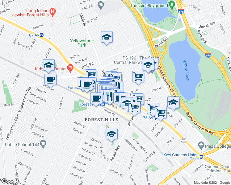 map of restaurants, bars, coffee shops, grocery stores, and more near 107-23 71st Road in Queens