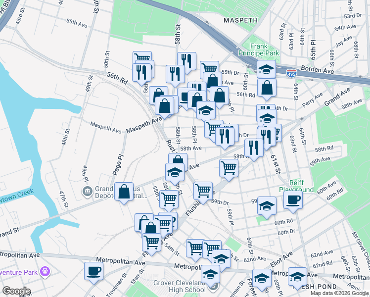 map of restaurants, bars, coffee shops, grocery stores, and more near 58-27 58th Road in Queens