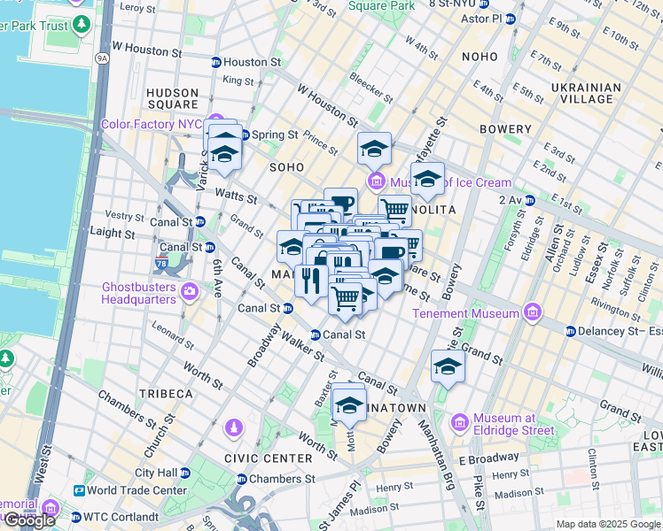 map of restaurants, bars, coffee shops, grocery stores, and more near 138 Grand Street in New York