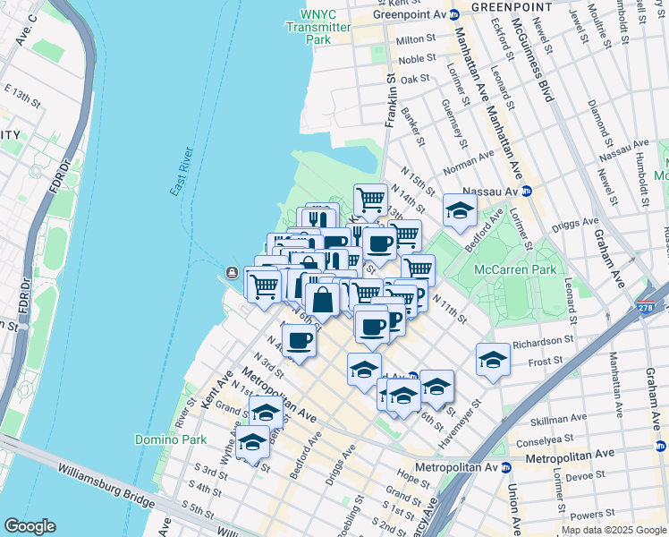 map of restaurants, bars, coffee shops, grocery stores, and more near 66 North 8th Street in Brooklyn