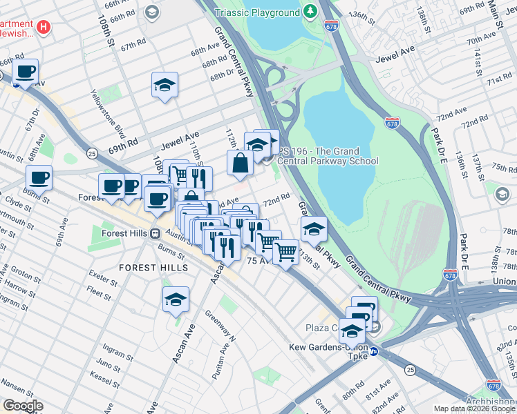 map of restaurants, bars, coffee shops, grocery stores, and more near 72-35 112th Street in Queens