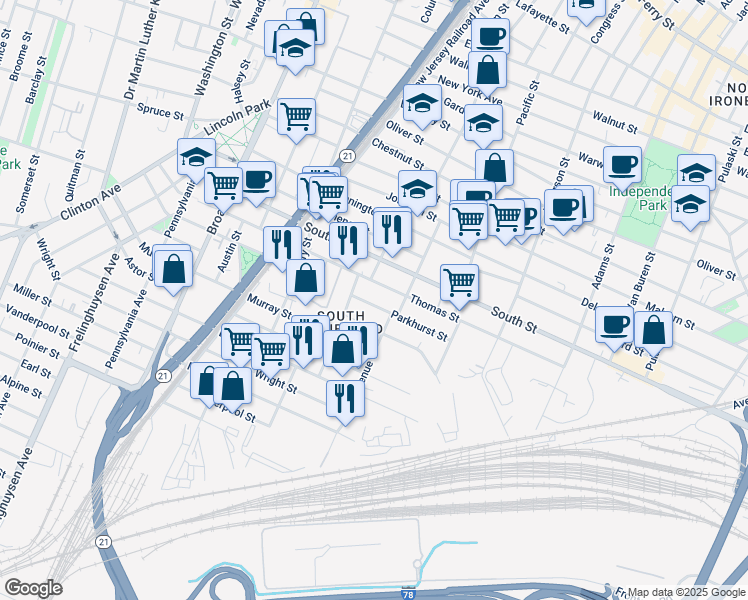 map of restaurants, bars, coffee shops, grocery stores, and more near 215 Parkhurst Street in Newark