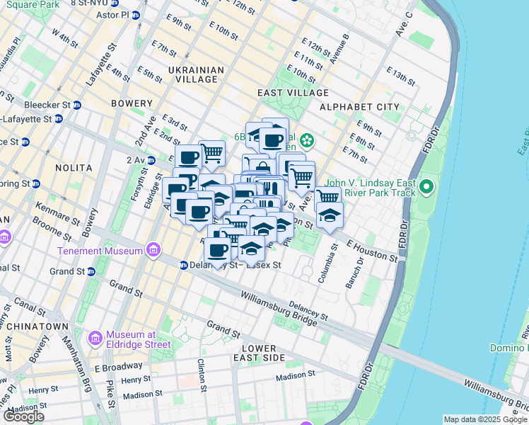map of restaurants, bars, coffee shops, grocery stores, and more near 317 East Houston Street in New York