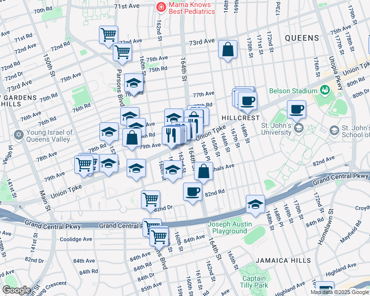 map of restaurants, bars, coffee shops, grocery stores, and more near 8030 164th Street in Queens