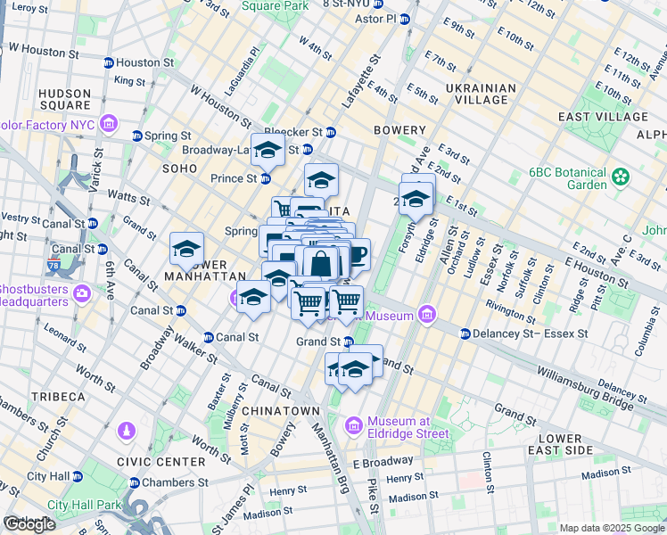 map of restaurants, bars, coffee shops, grocery stores, and more near 25 Kenmare Street in New York