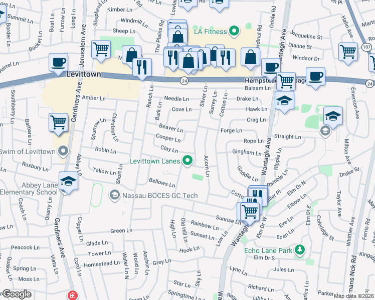 map of restaurants, bars, coffee shops, grocery stores, and more near 45 Tanners Lane in Levittown