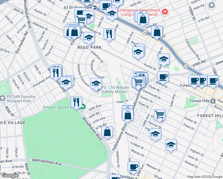 map of restaurants, bars, coffee shops, grocery stores, and more near 6571 Ellwell Crescent in Queens