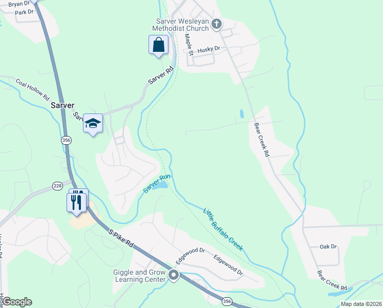 map of restaurants, bars, coffee shops, grocery stores, and more near 252 Bear Creek Rd in Sarver