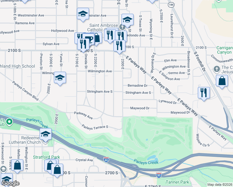 map of restaurants, bars, coffee shops, grocery stores, and more near 2312 South 2300 East in Salt Lake City