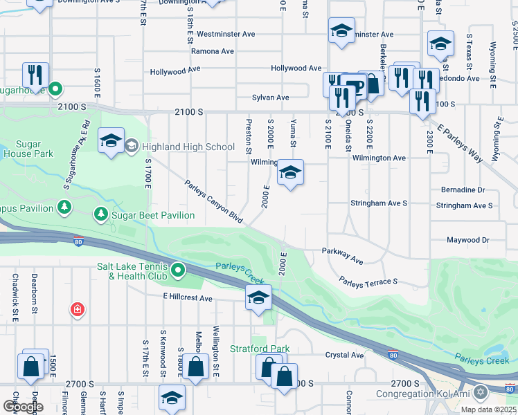 map of restaurants, bars, coffee shops, grocery stores, and more near 2310 South 2000 East in Salt Lake City