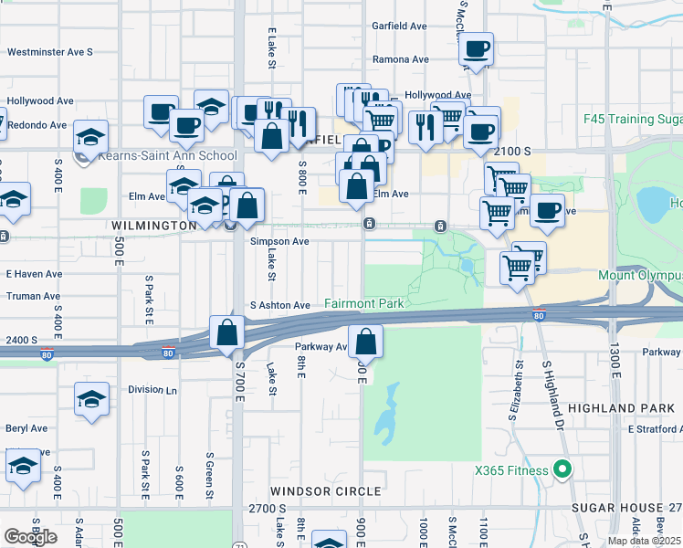 map of restaurants, bars, coffee shops, grocery stores, and more near 2318 East Windsor Street in Salt Lake City