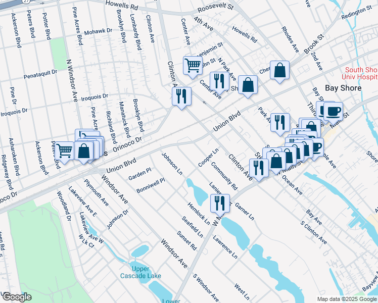 map of restaurants, bars, coffee shops, grocery stores, and more near 51 Lanier Lane in Bay Shore