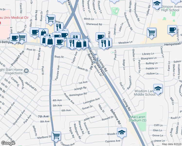 map of restaurants, bars, coffee shops, grocery stores, and more near 150 Lorraine Gate in East Meadow