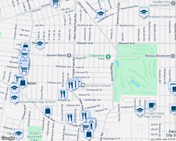 map of restaurants, bars, coffee shops, grocery stores, and more near 26 Harvard Street in Garden City