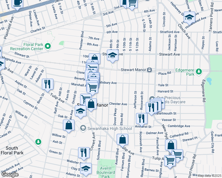 map of restaurants, bars, coffee shops, grocery stores, and more near 91 Carlton Terrace in Stewart Manor