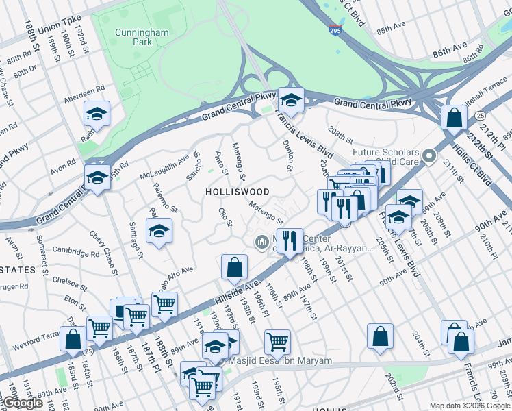 map of restaurants, bars, coffee shops, grocery stores, and more near 196-38 Pompeii Road in Queens