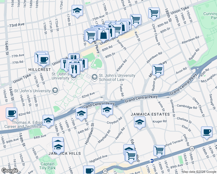 map of restaurants, bars, coffee shops, grocery stores, and more near 31 Edgerton Road in Queens