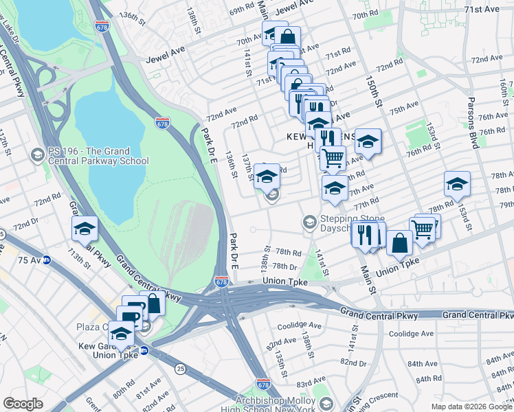 map of restaurants, bars, coffee shops, grocery stores, and more near 135-40 77th Avenue in Queens