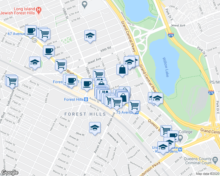 map of restaurants, bars, coffee shops, grocery stores, and more near 72-11 110th Street in Queens