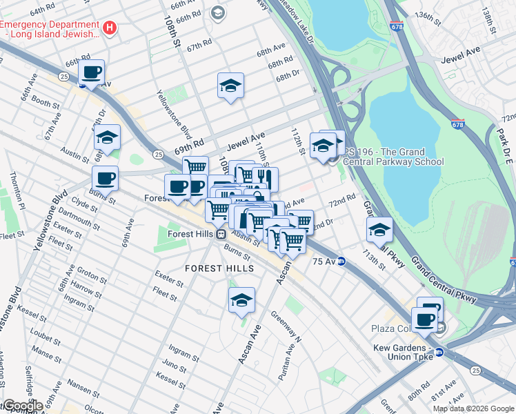 map of restaurants, bars, coffee shops, grocery stores, and more near 109-34 71st Road in Queens