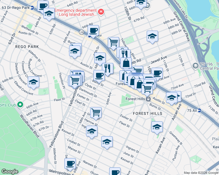 map of restaurants, bars, coffee shops, grocery stores, and more near 68-35 Clyde Street in Queens