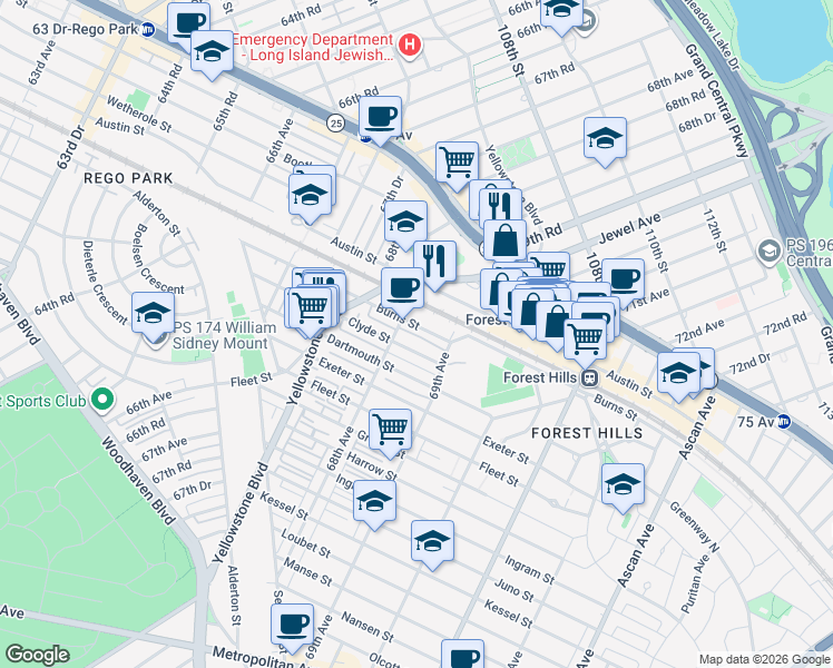 map of restaurants, bars, coffee shops, grocery stores, and more near 68-35 Clyde Street in Queens