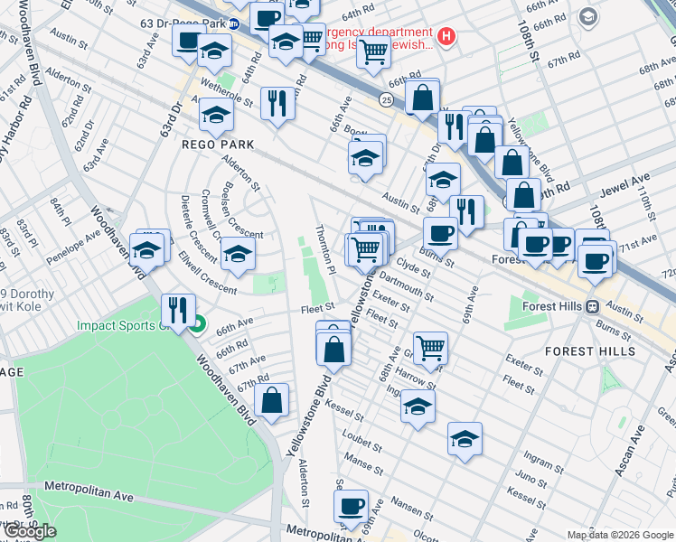 map of restaurants, bars, coffee shops, grocery stores, and more near 67-50 Thornton Place in Queens