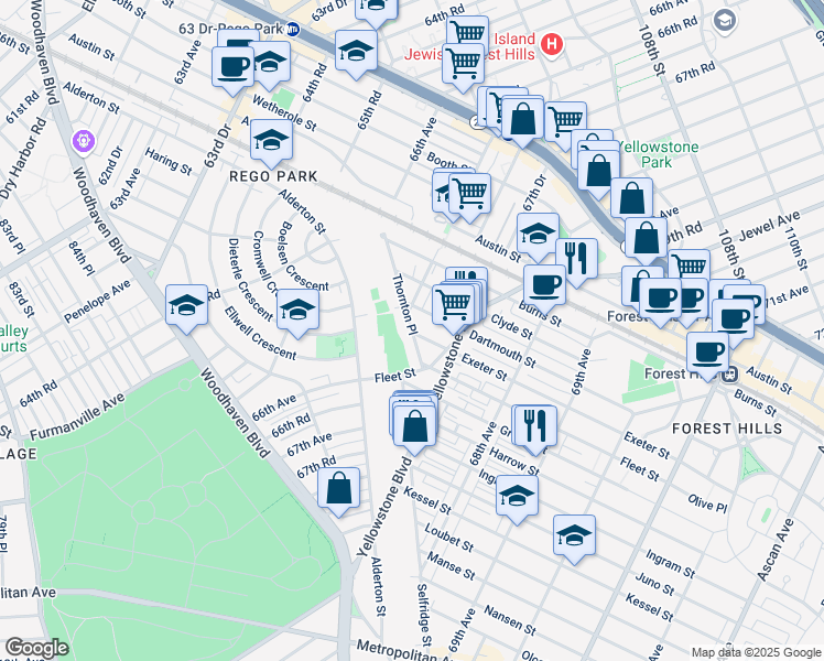 map of restaurants, bars, coffee shops, grocery stores, and more near 67-50 Thornton Place in Queens