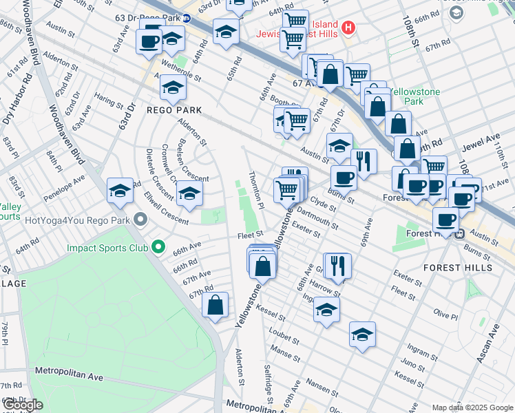 map of restaurants, bars, coffee shops, grocery stores, and more near 67-50 Thornton Place in Queens