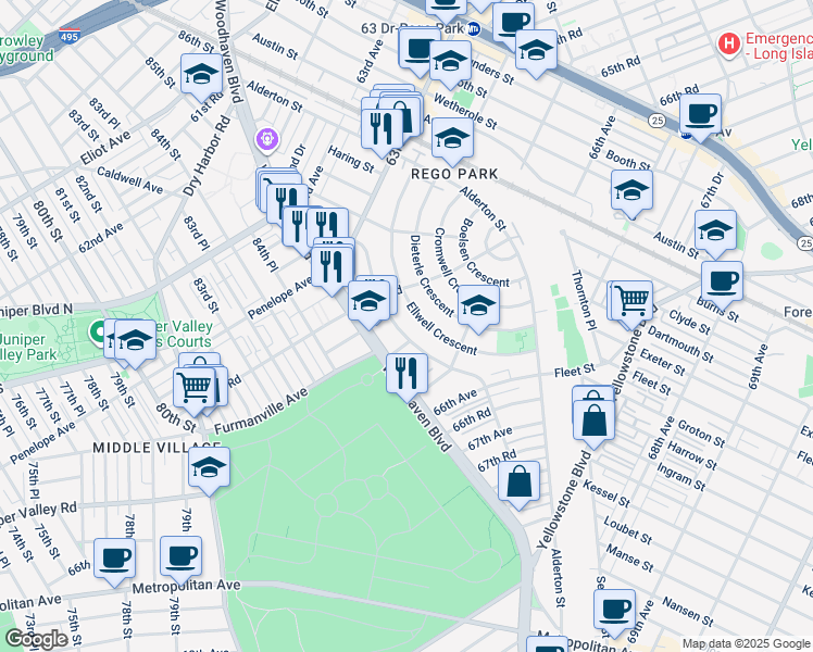 map of restaurants, bars, coffee shops, grocery stores, and more near 85-19 65th Avenue in Queens
