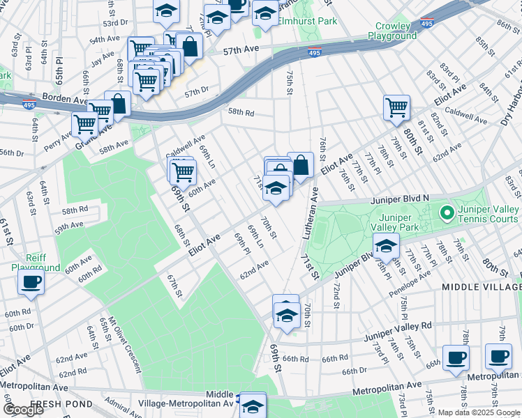 map of restaurants, bars, coffee shops, grocery stores, and more near 69-76 Eliot Avenue in Queens